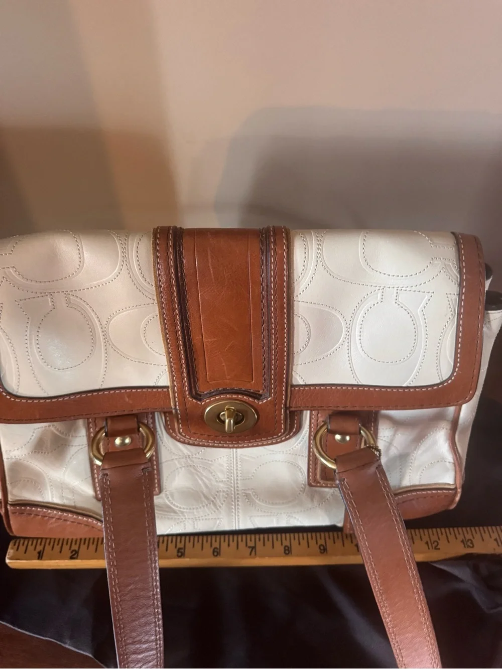 Coach Hampton Signature Embossed Leather Satchel -Cream with Saddle Brown Trim - Picture 10 of 16